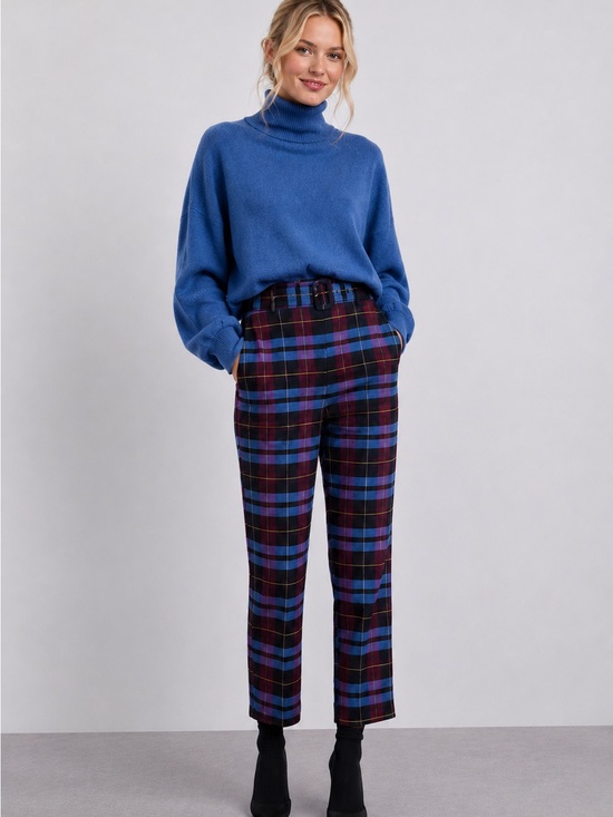 Zara Pants - Zara Burgundy and Blue Plaid Wide-Leg Trousers